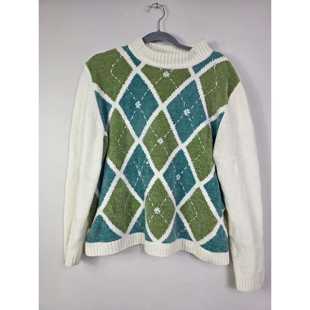 Alfred Dunner Argyle Sweater Large Mock Neck Floral Embroidered Green Teal READ